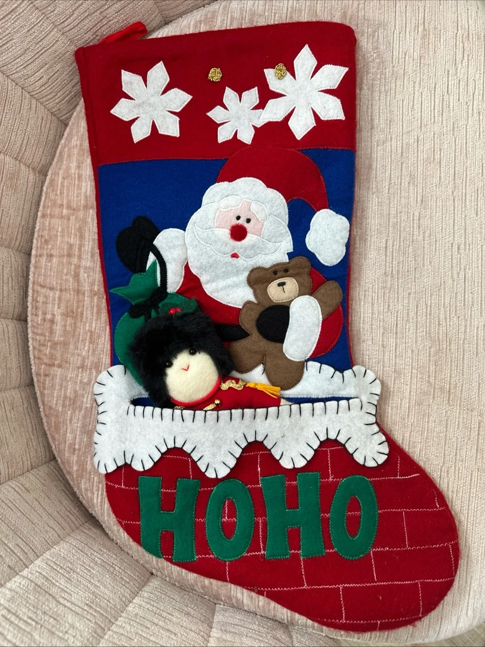 Vintage Felt Christmas Stocking Santa Teddy Fireplace & Nutcracker Soldier 19”
